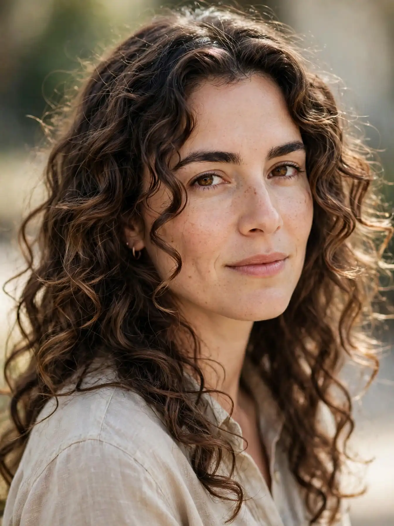 Face-framing curly layers on long hair