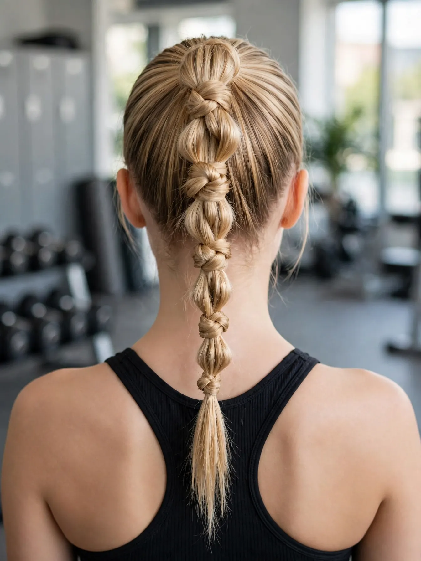 High tight knotted ponytail with compact knots worn for a workout