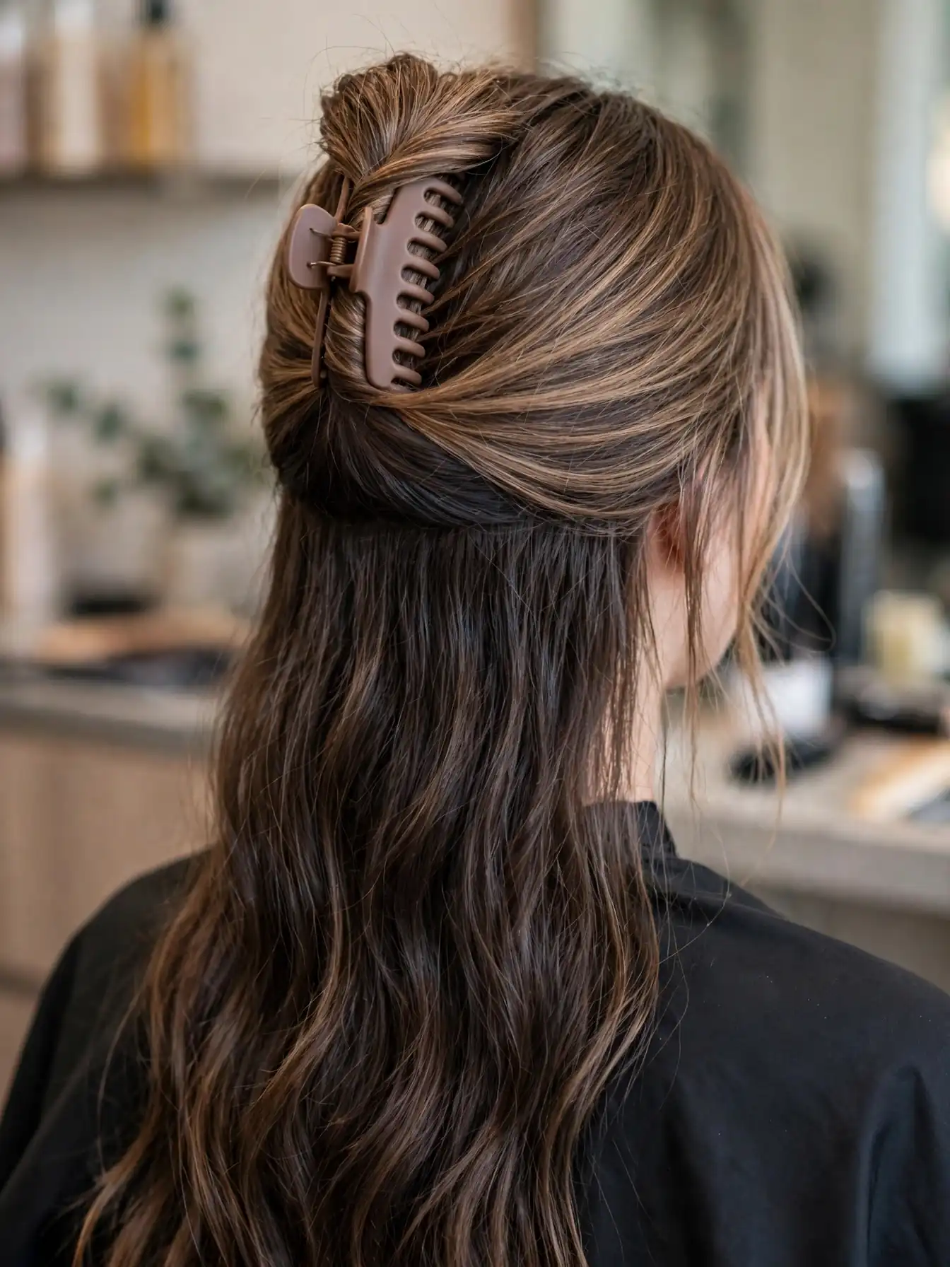 23 Espresso Mocha Balayage Ideas for Glossy Fall Hair 23 Half-up hairstyle showing espresso mocha balayage dimension