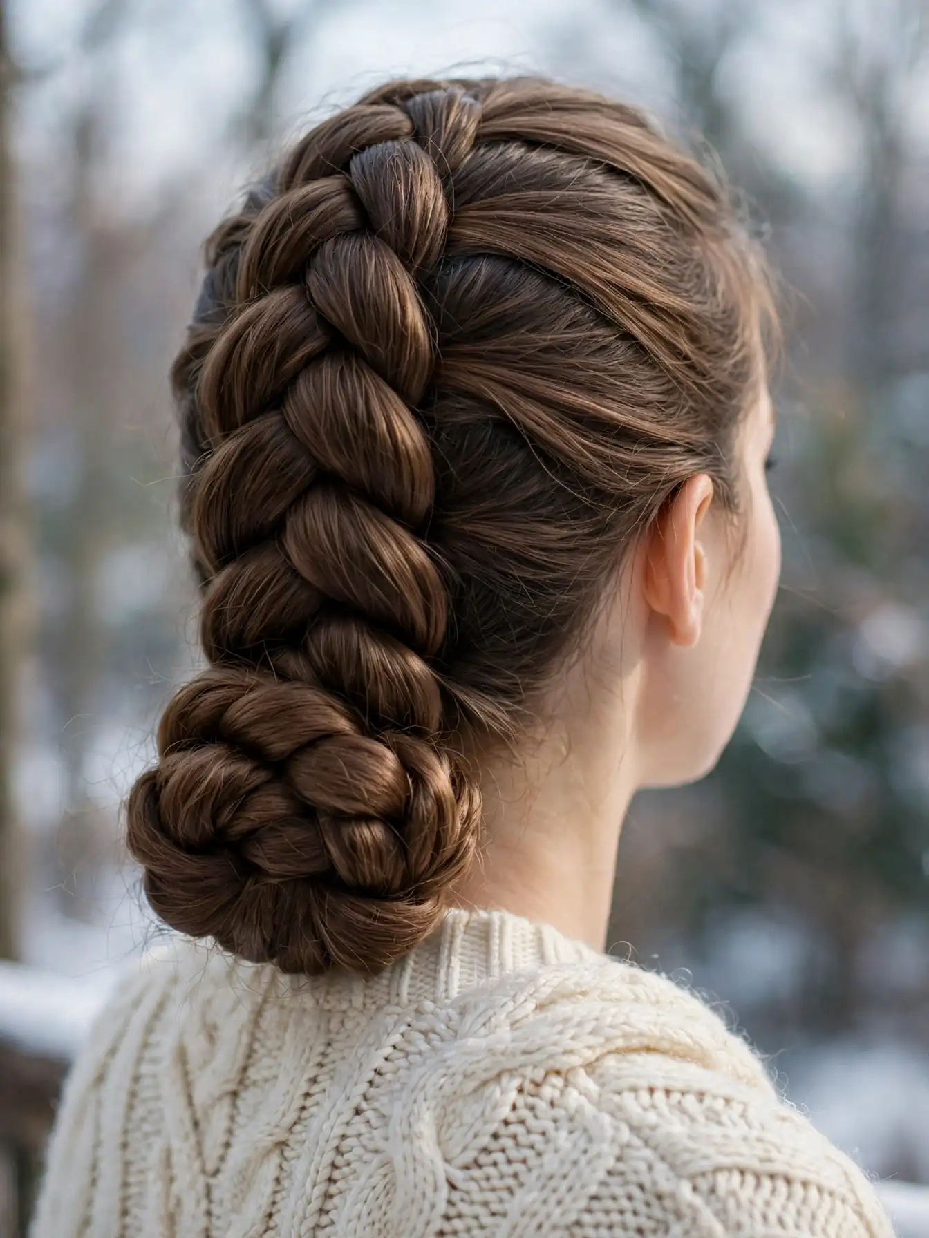 Jumbo Dutch braid coiled into a low bun