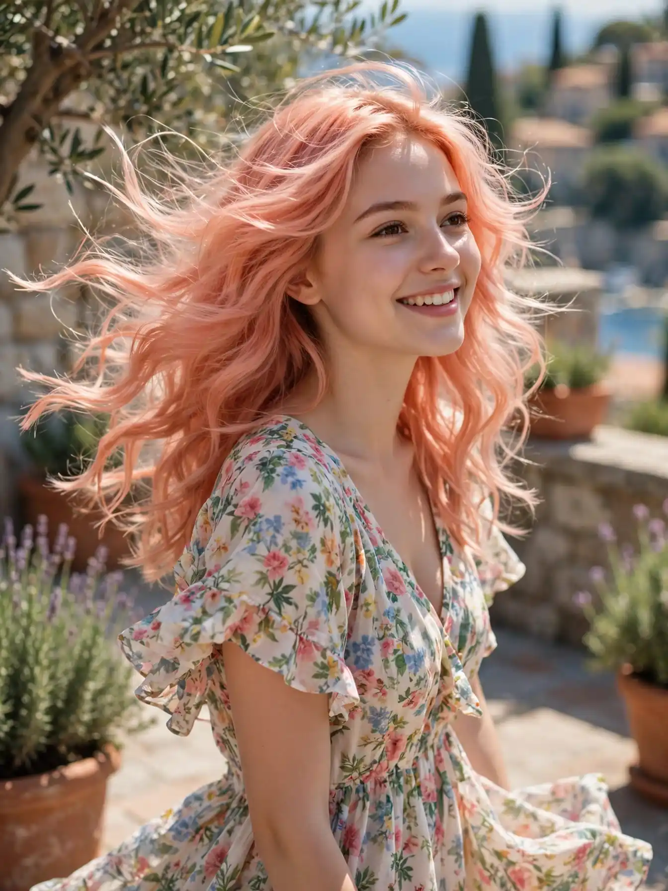 Soft, bouncy peachy-pink sorbet waves glowing in warm sunlight.