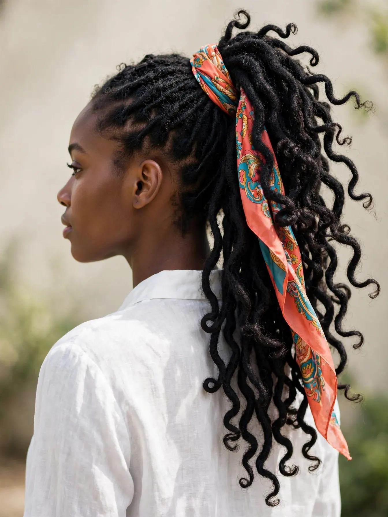Back view of a high ponytail of black butterfly locs wrapped with a silk scarf