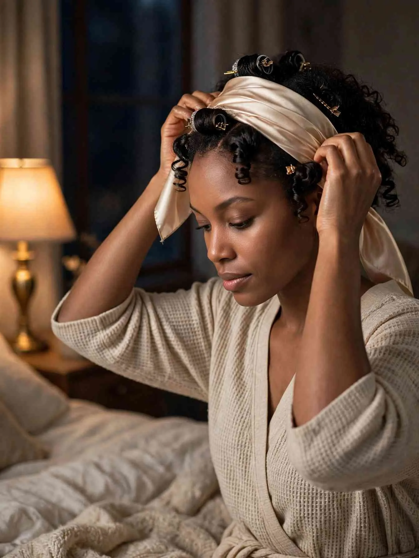 Woman wrapping her hair in a champagne silk scarf before bed