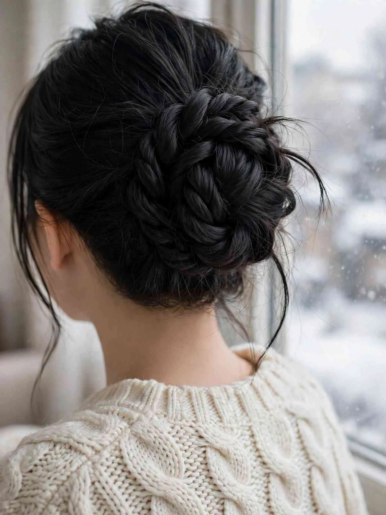 Close back view of a rope-twist textured messy bun, cream cable-knit sweater
