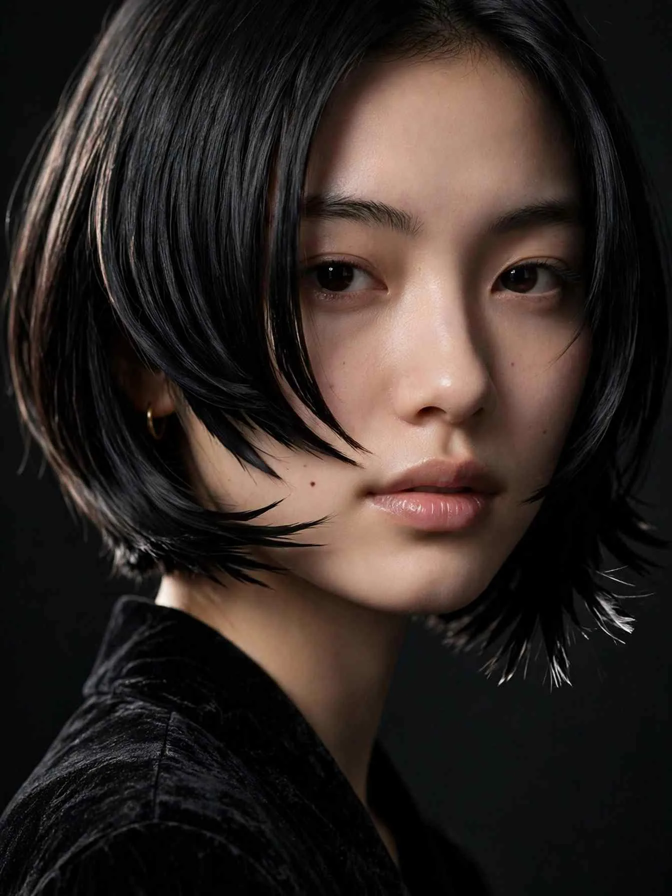 Jet-black sleek feathered bob