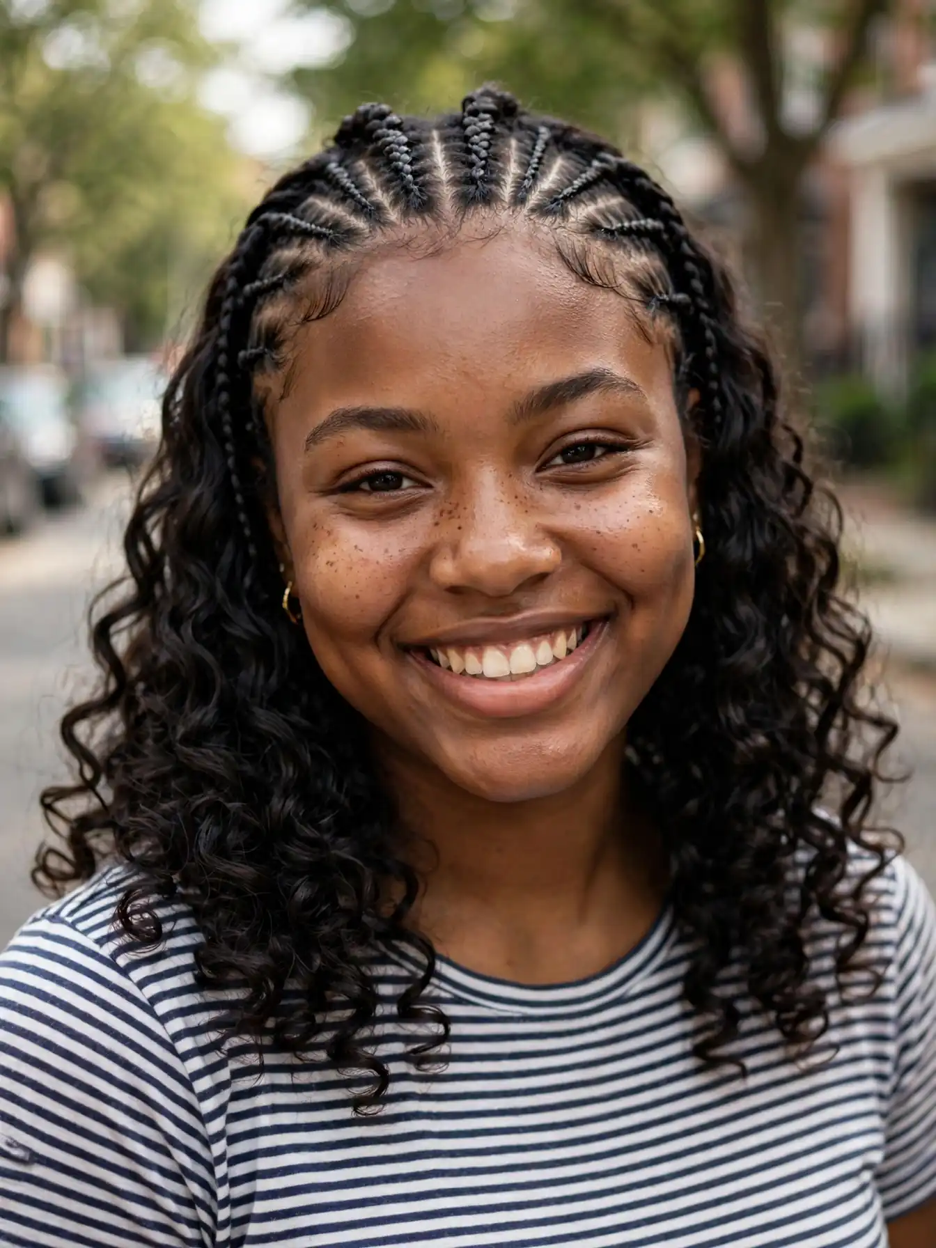 Short curly sew-in braided leave-out hairstyle for everyday wear