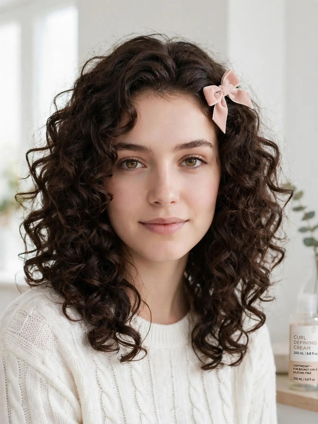 Bouncy shoulder curls with a blush pink velvet bow