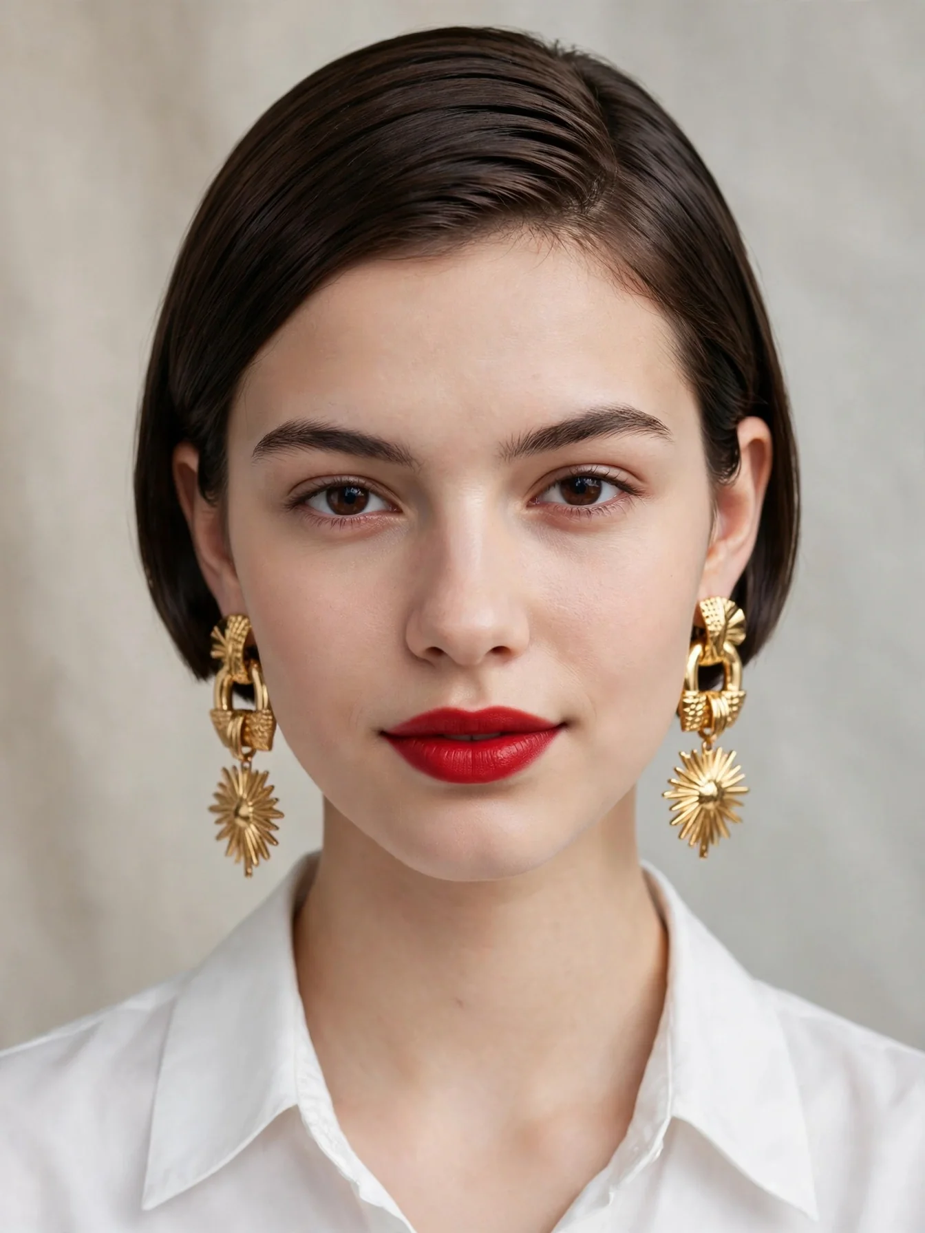 Cheekbone-length micro bob with a crisp clean line, bold lip, and statement earrings