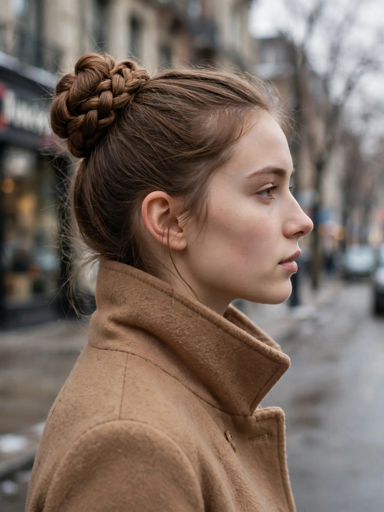 22 Cozy Winter Braid Hairstyles to Try This Season 24 High braided chignon worn above a camel coat collar on a city street