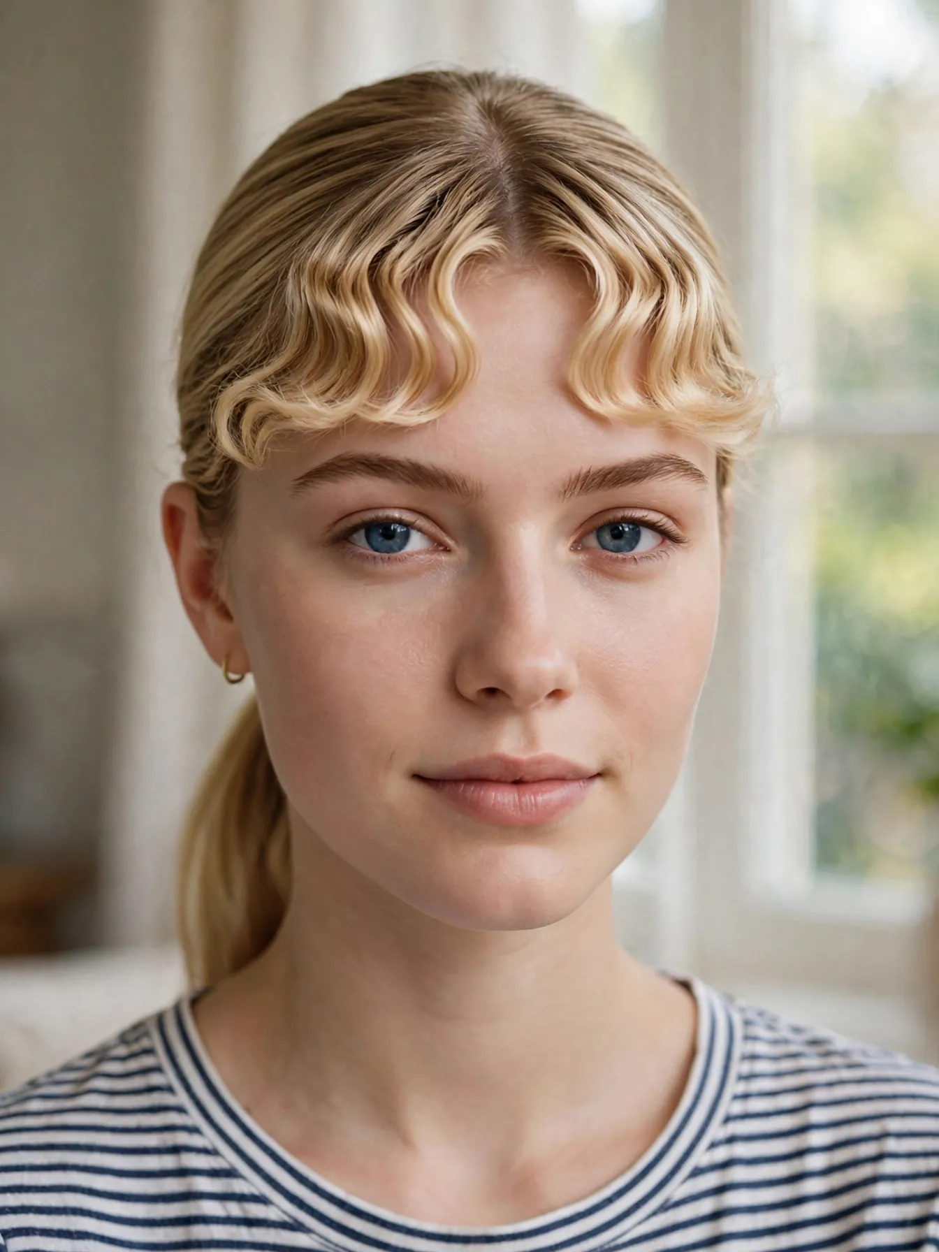 Curtain bangs with a light crimp bend