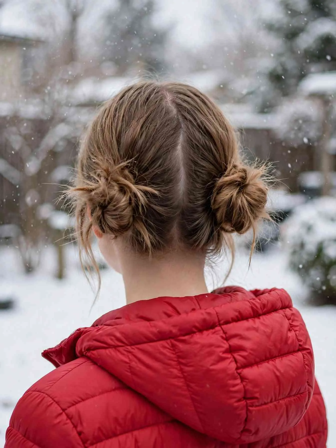 Two low loose messy buns behind the ears with a center part, red puffer jacket