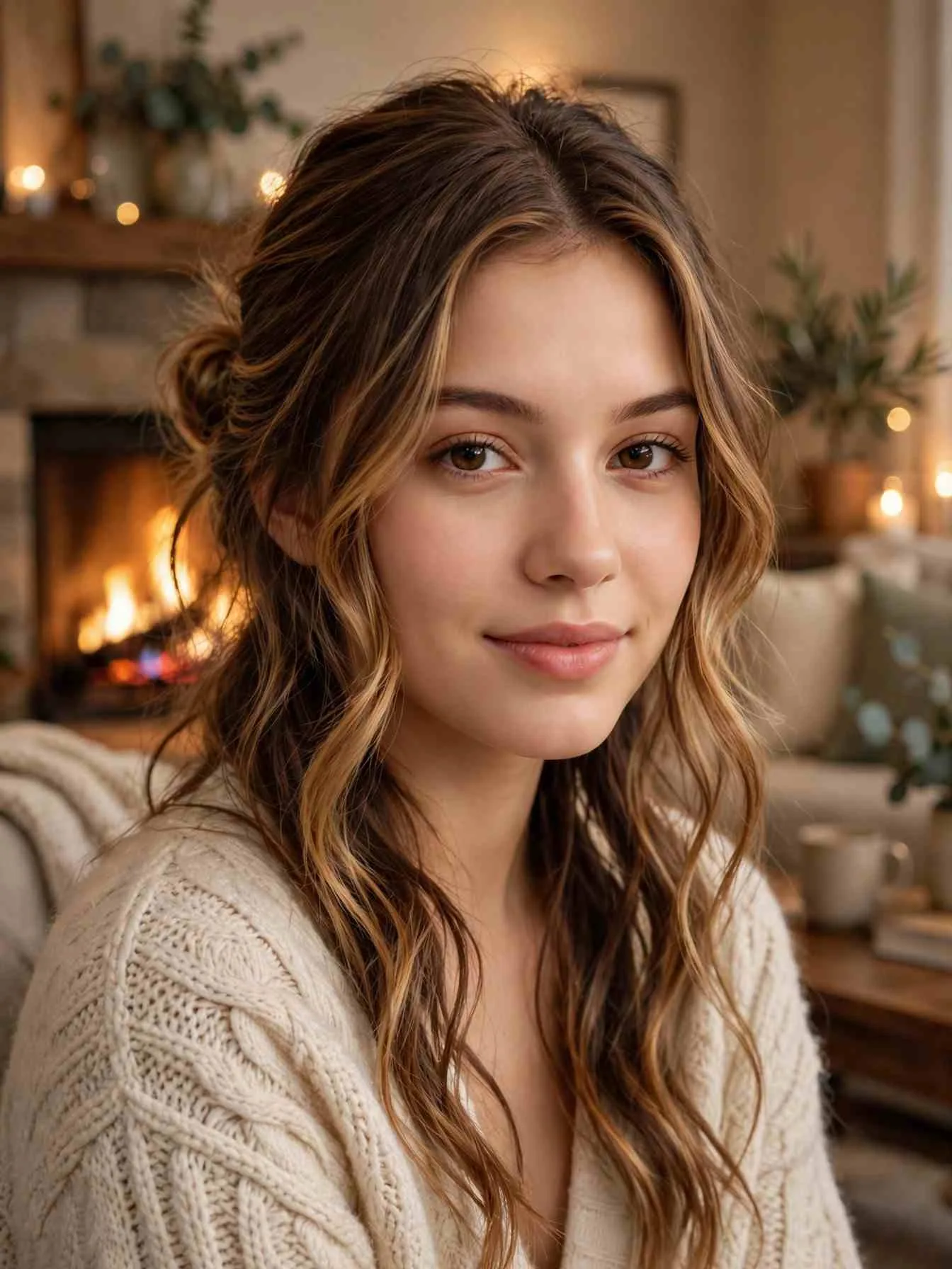 Relaxed low knot half-up on wavy caramel hair, cozy evening at home look.