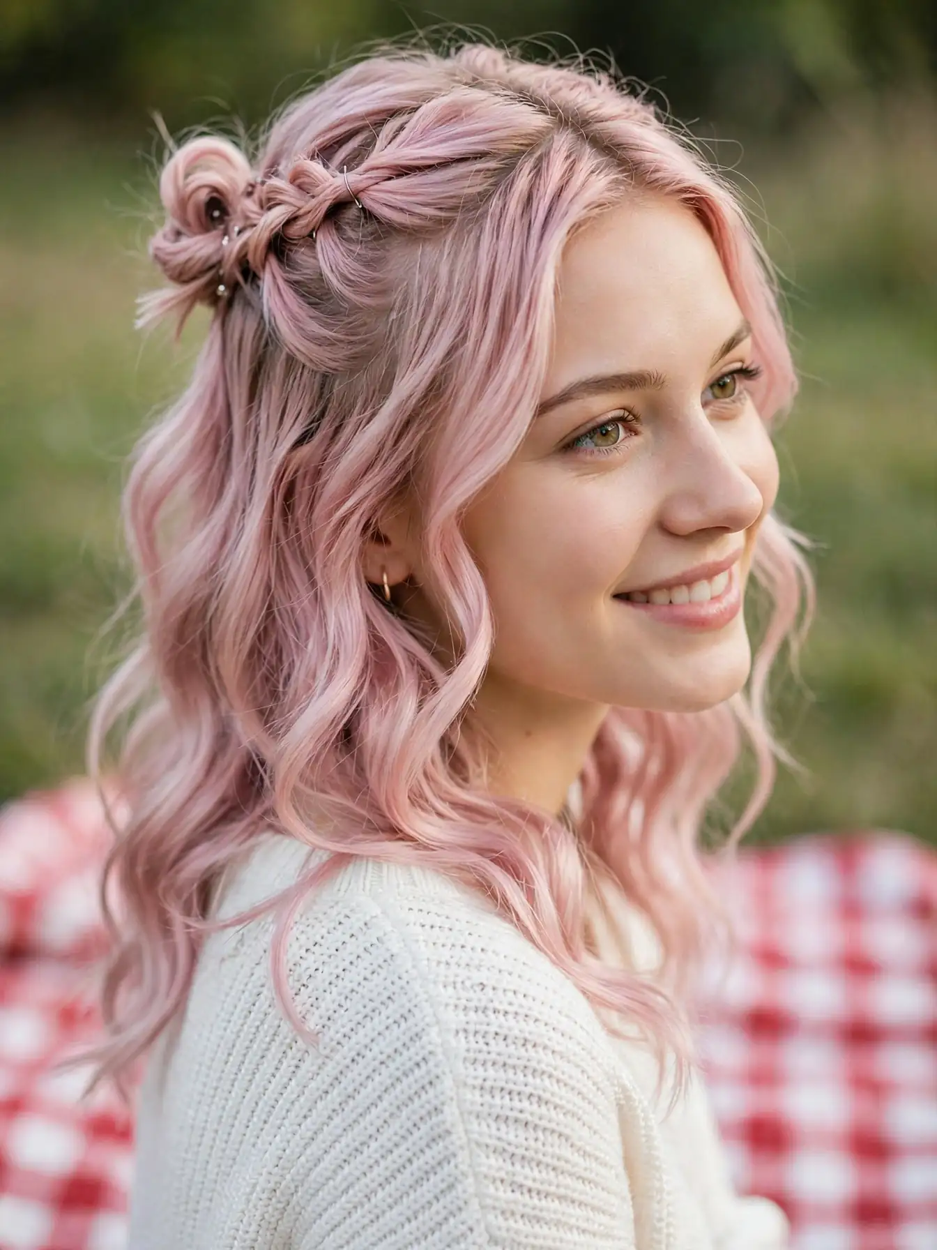 Pastel pink waves styled half-up with a small twisted crown section.
