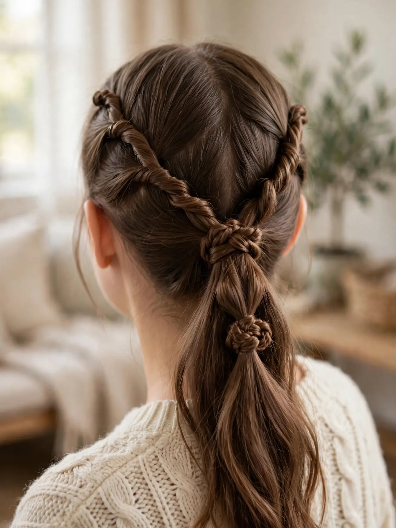 Mid knotted ponytail with twisted crown sections feeding into the base