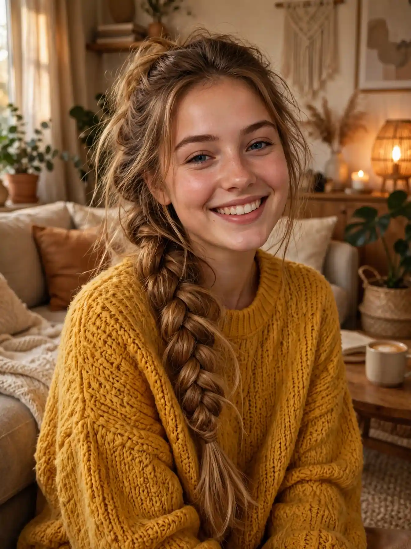 22 Cozy Winter Braid Hairstyles to Try This Season 25 Messy pull-through braid with full texture worn with an oversized mustard sweater