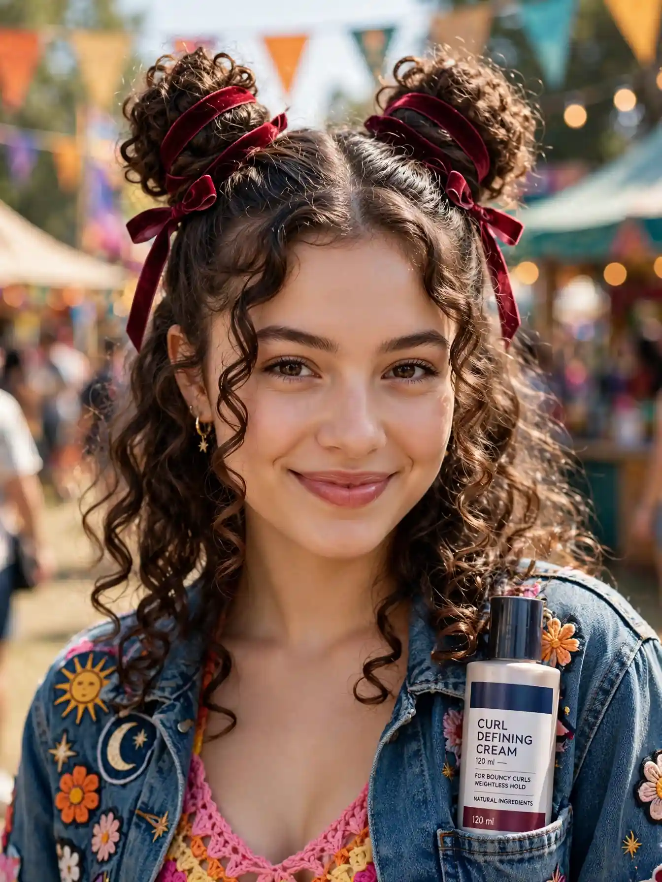 Curly space buns with burgundy velvet ribbon wrapped at the base