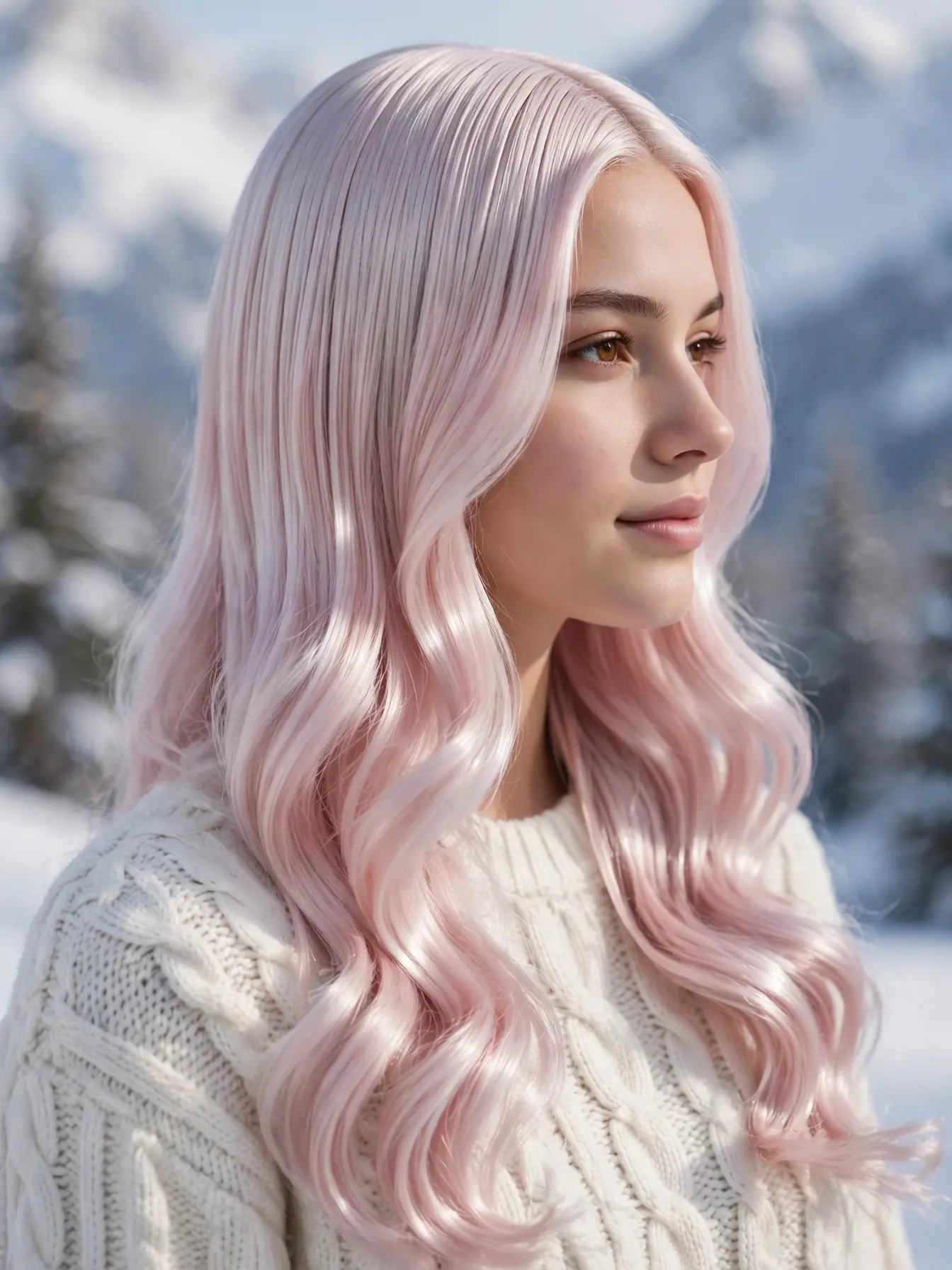 Icy platinum pink hair worn sleek at the roots and wavy at the ends with high shine.