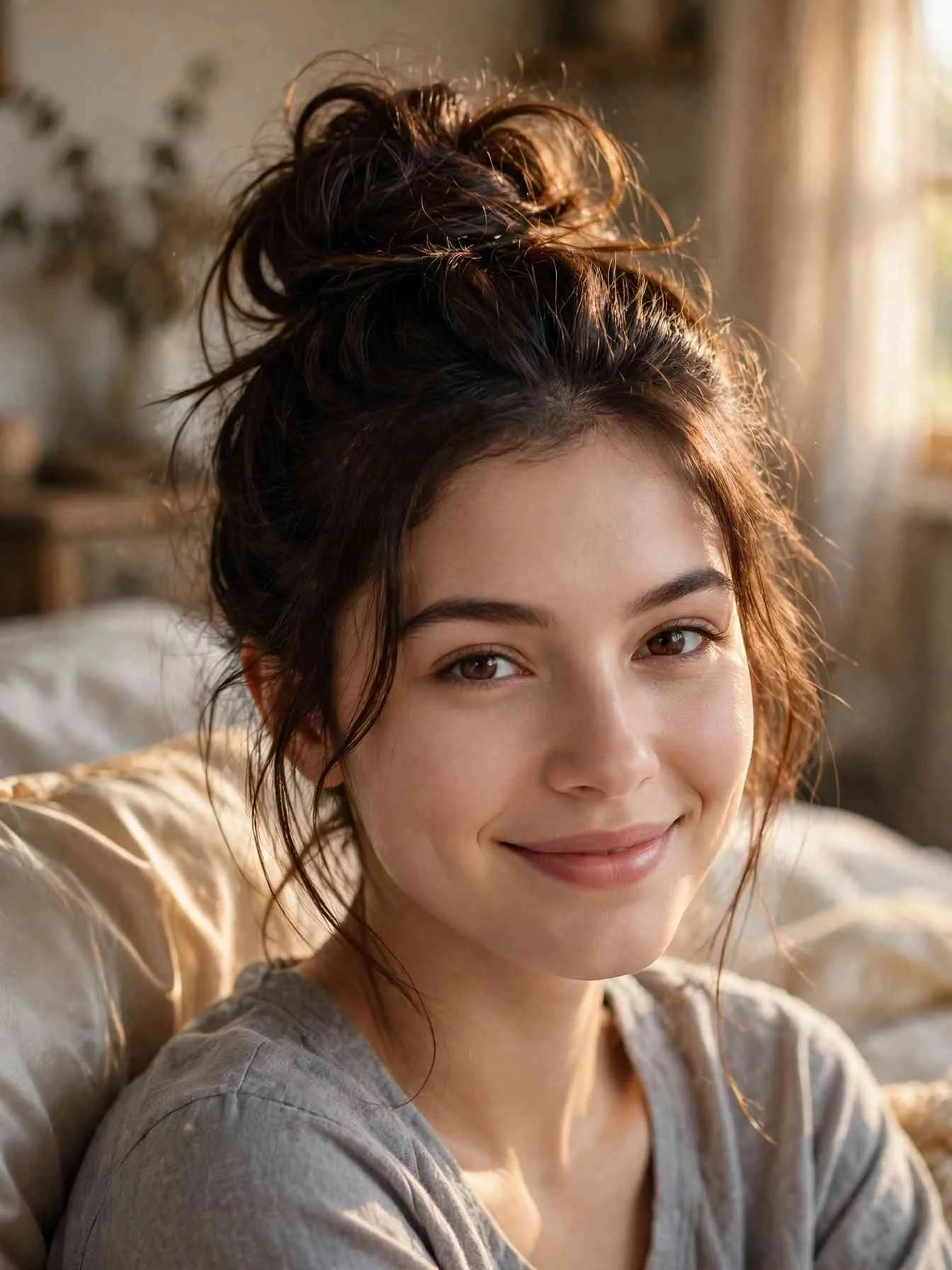 Loose high top bun with glossy treated hair, satin pillowcase, cozy bedroom