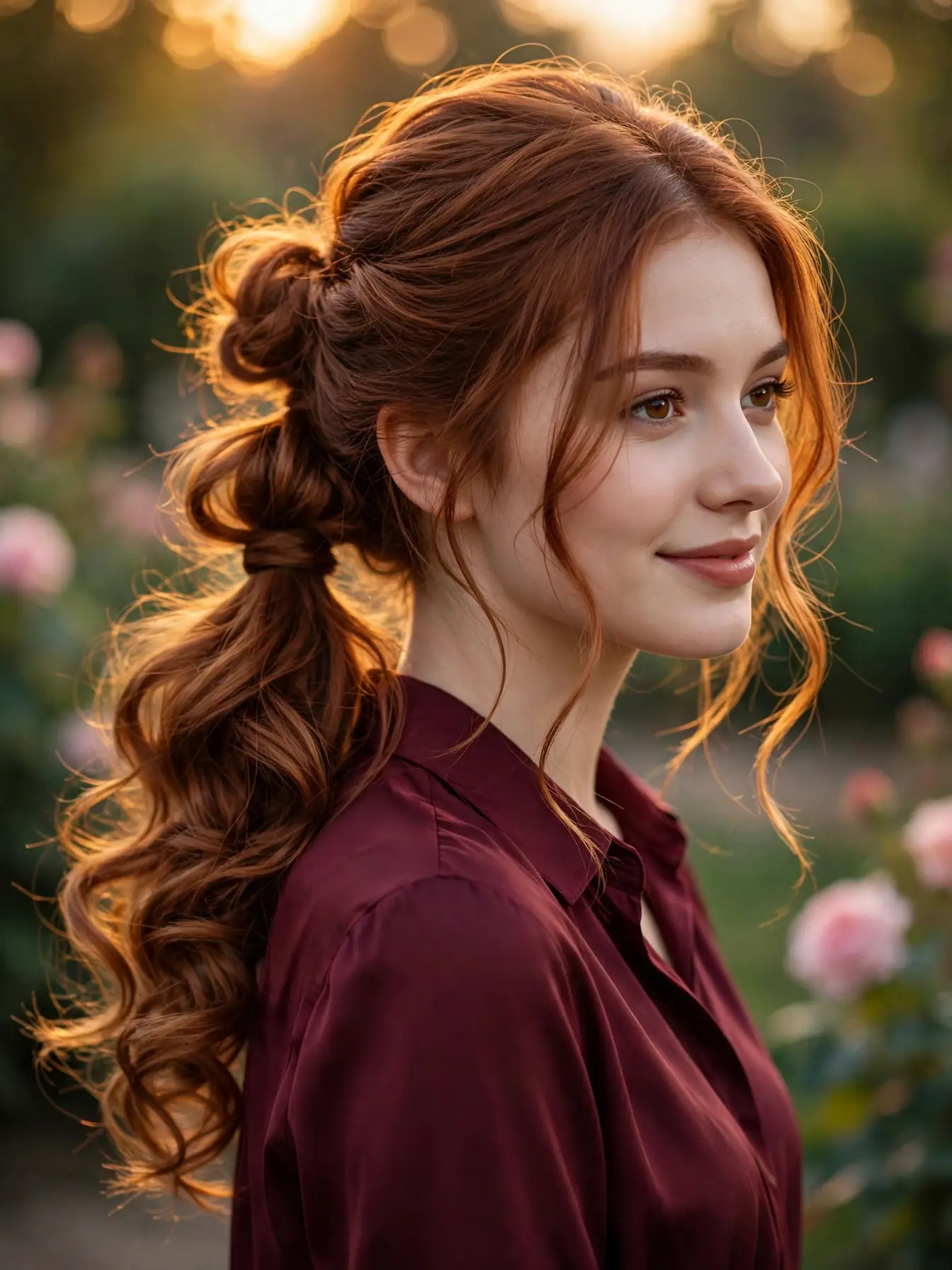 Soft romantic knotted ponytail with loose knots over pre-curled auburn hair