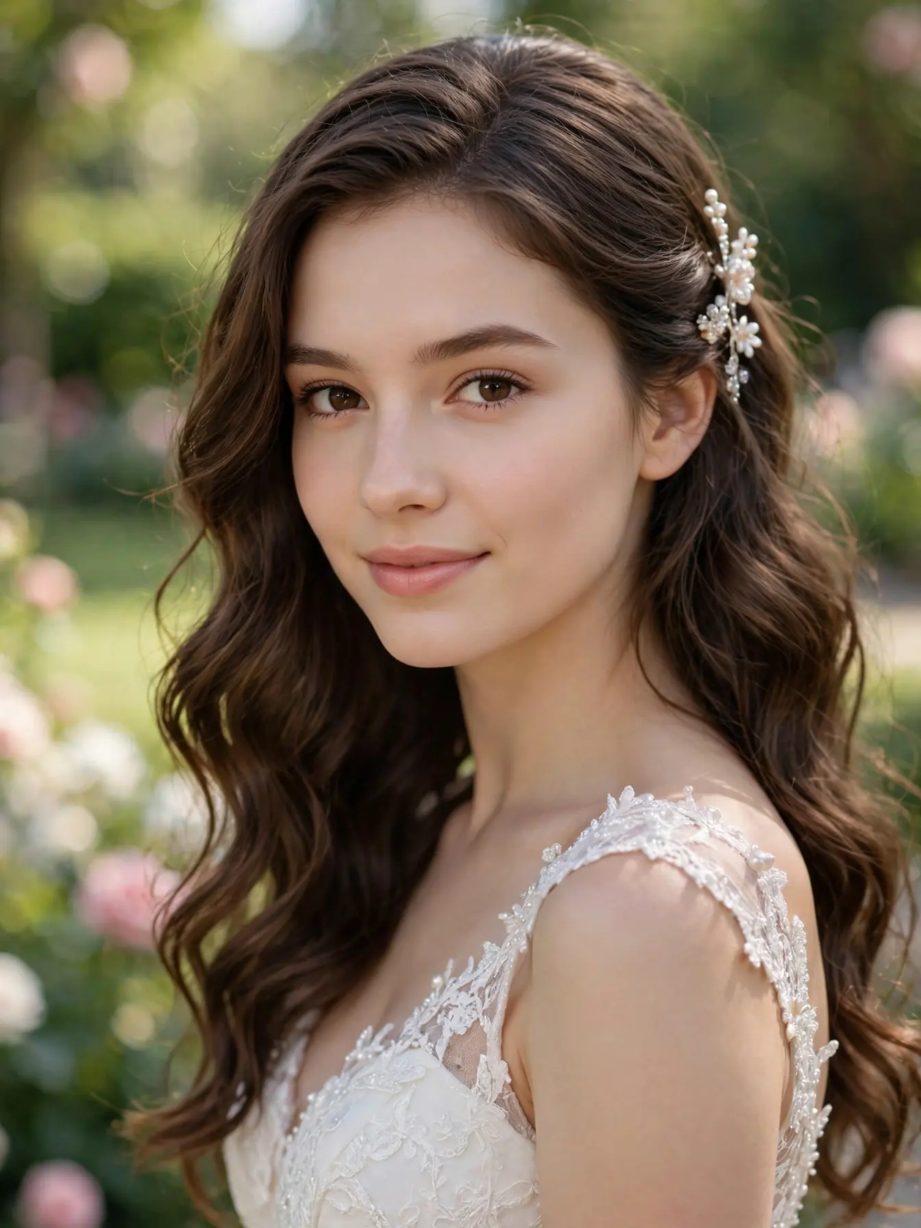 Loose romantic bridal waves with a pearl hair comb