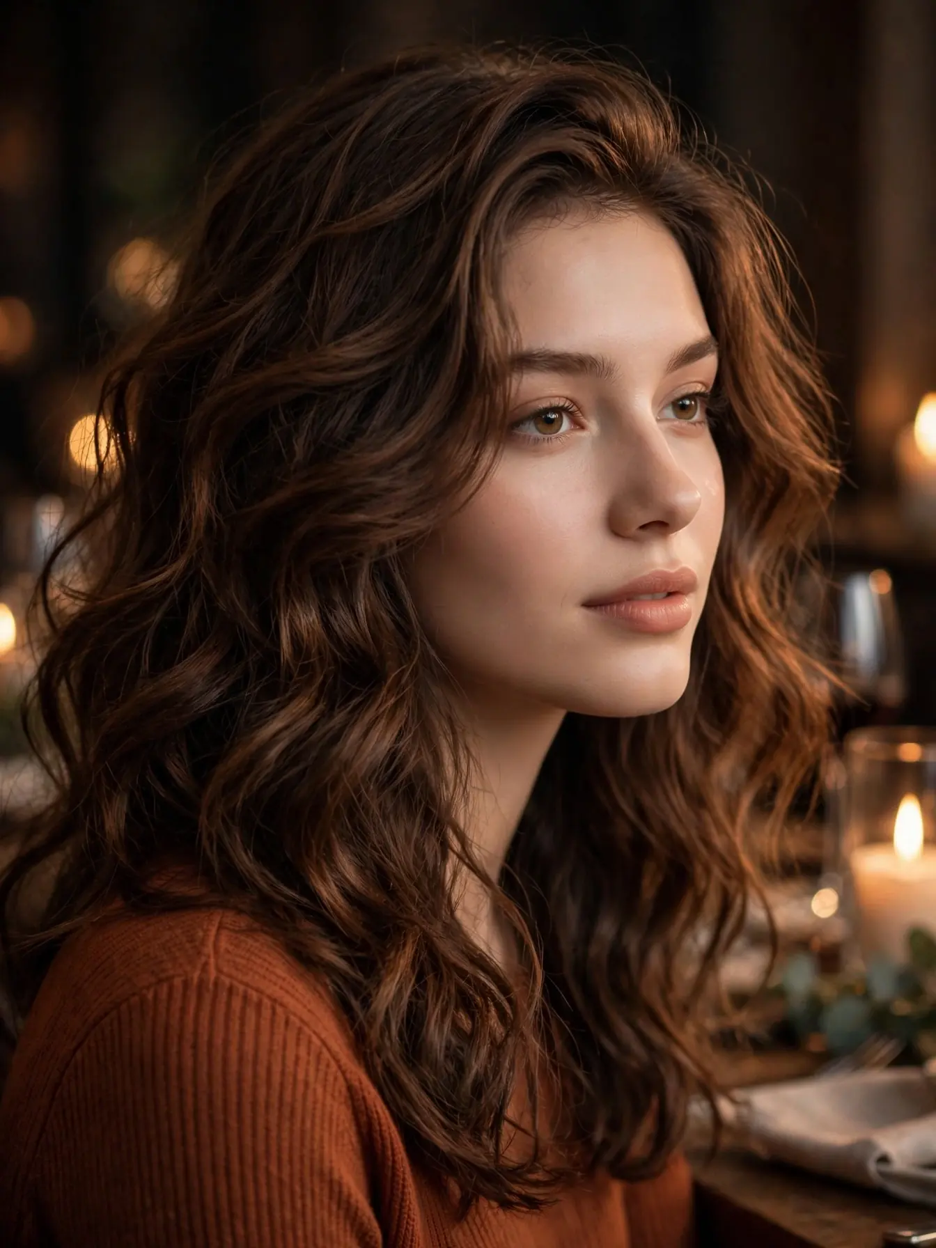 Dark cinnamon brown waves glowing warm in candlelight
