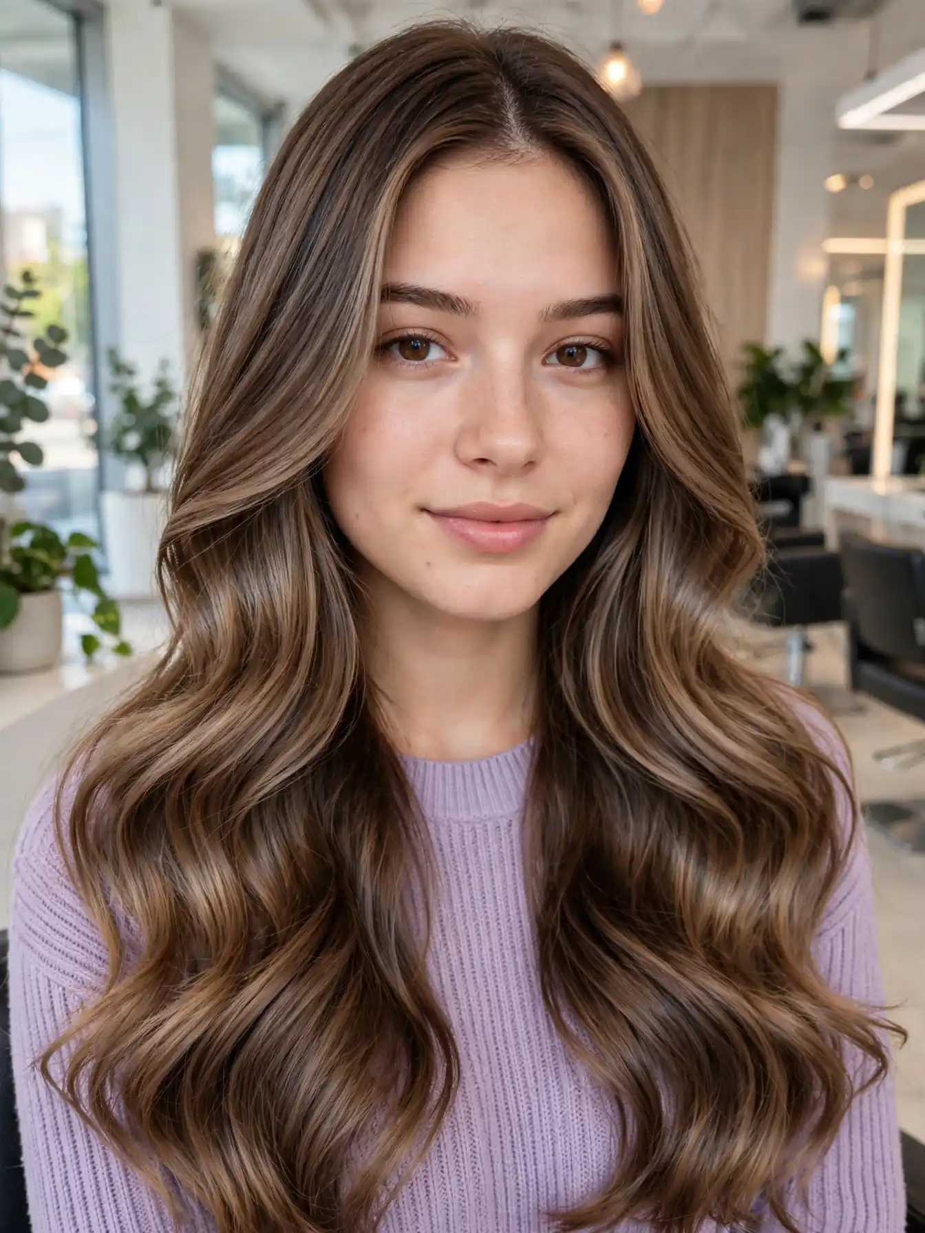 Grow-out friendly mocha gloss refresh on long hair