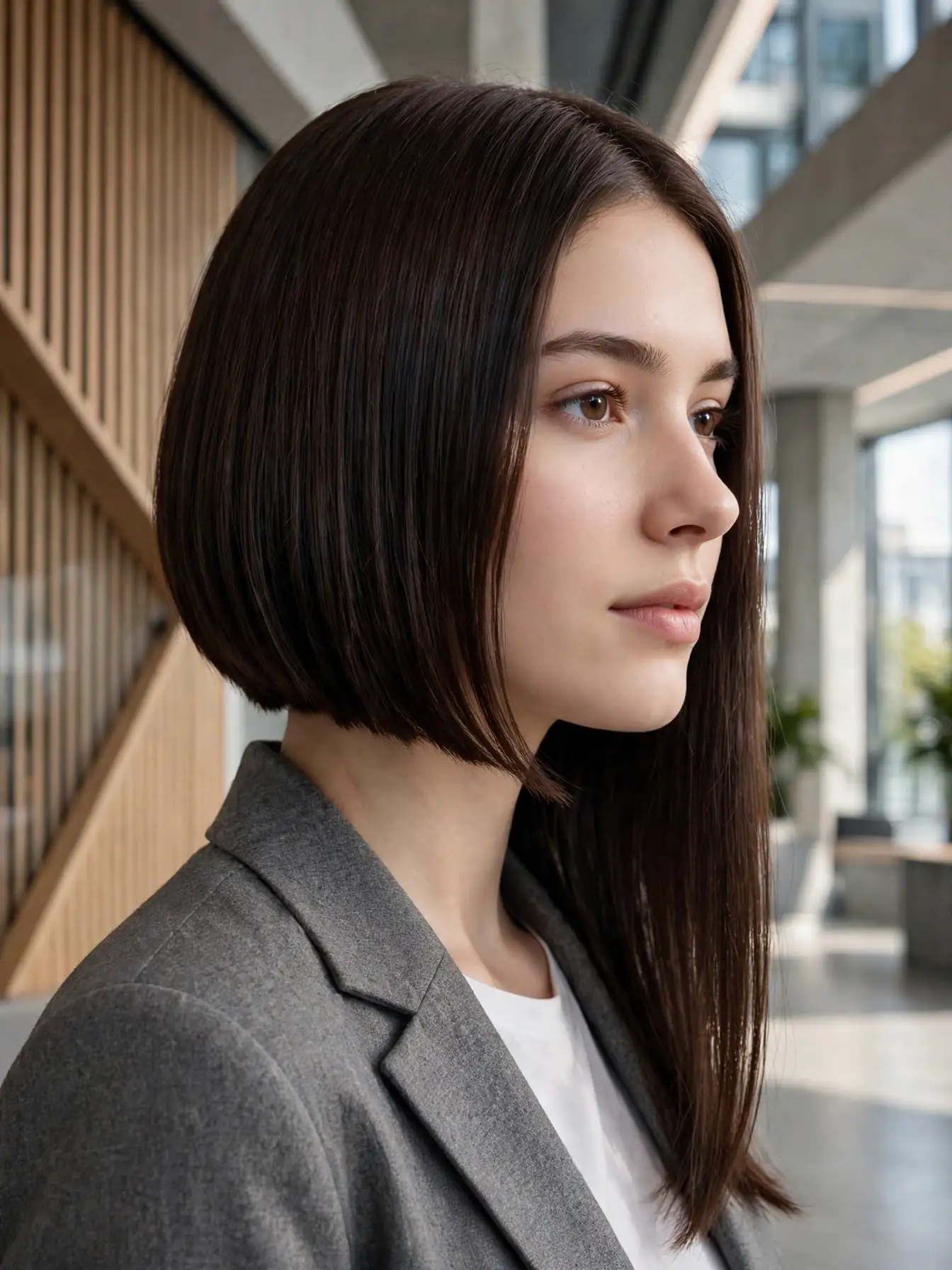 Asymmetrical winter bob with one side at the chin and the other near the shoulder