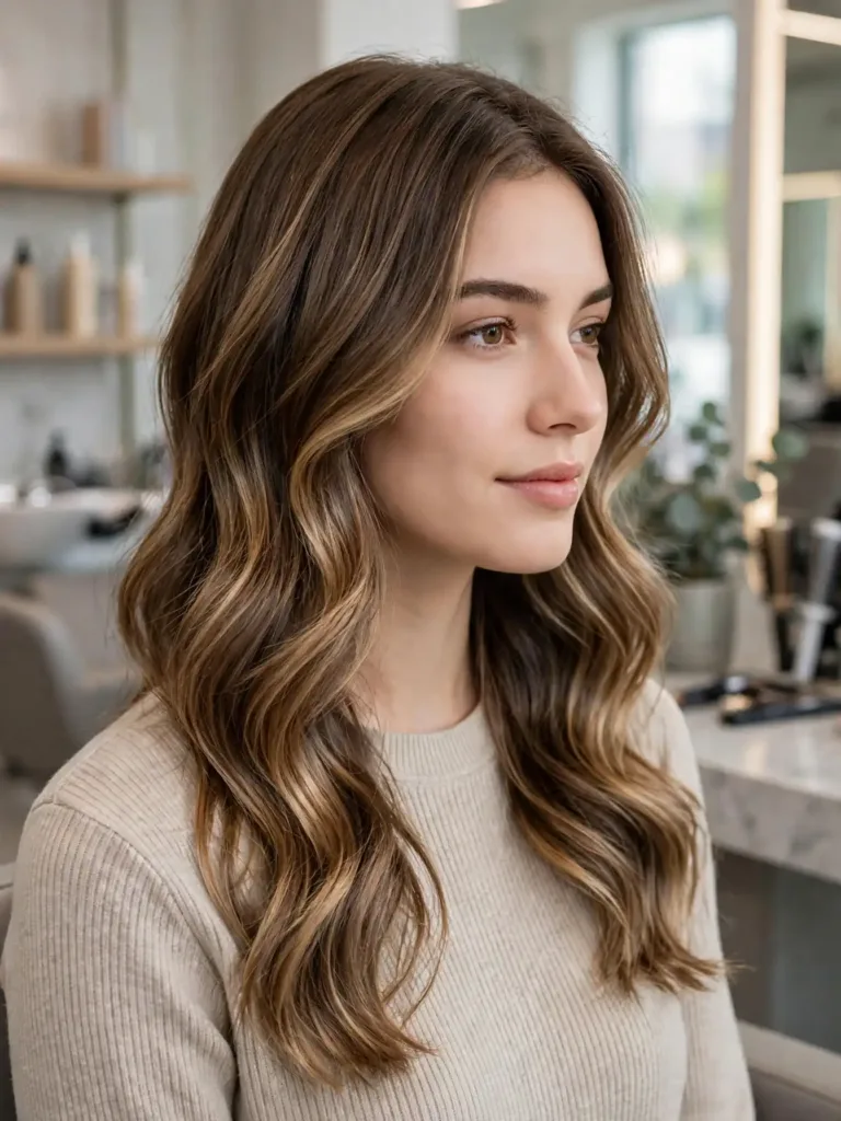 Lived in brunette hair with caramel balayage waves on a woman in her early 20s