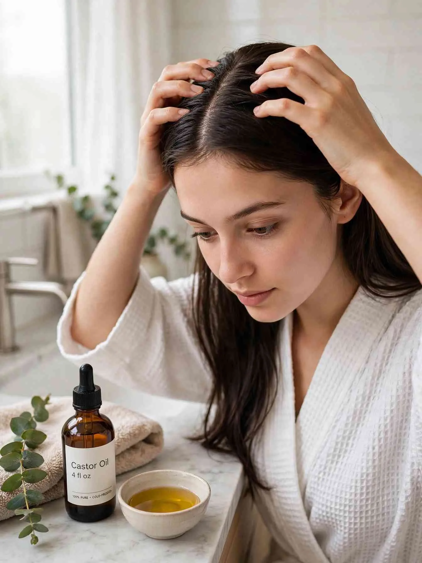 Woman massaging warm oil into her scalp as a hair fall remedy
