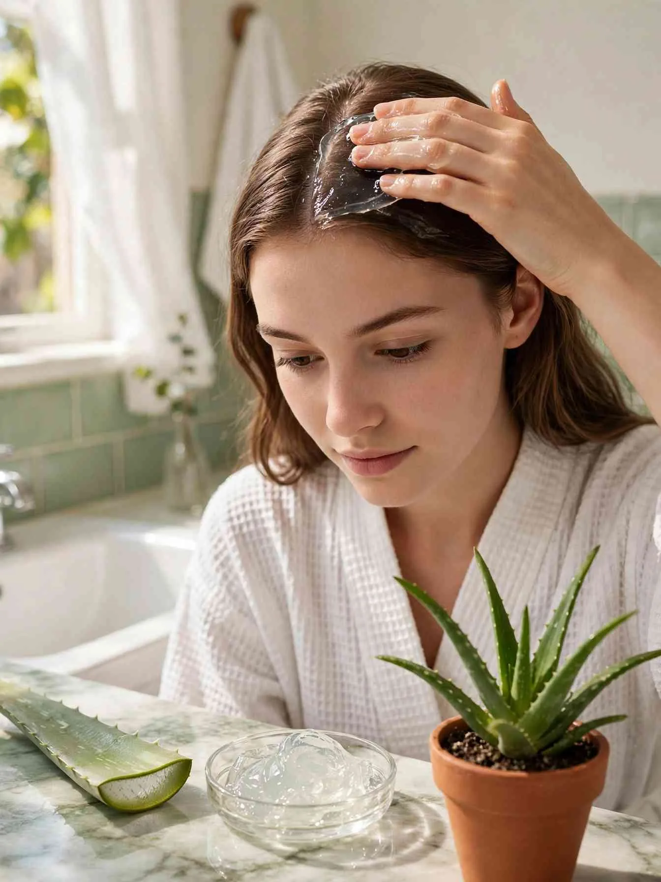 Smoothing fresh aloe vera gel onto the scalp to soothe hair fall