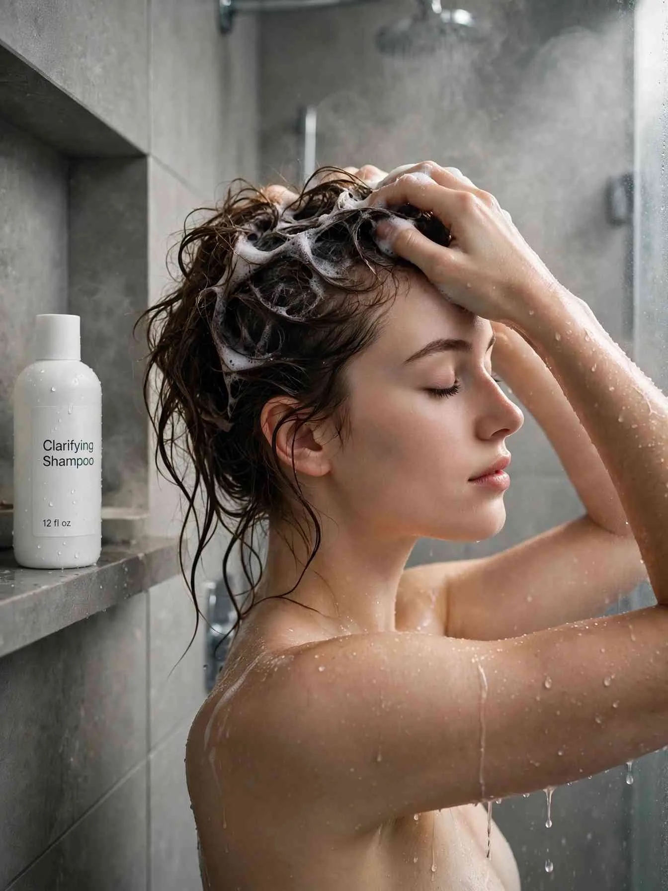 Massaging clarifying shampoo into the scalp to remove buildup