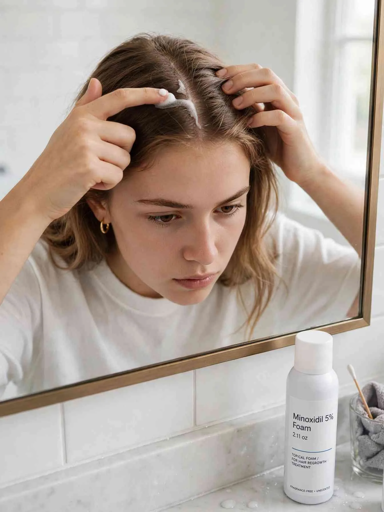 Applying minoxidil 5 percent foam along the hair part for hair fall