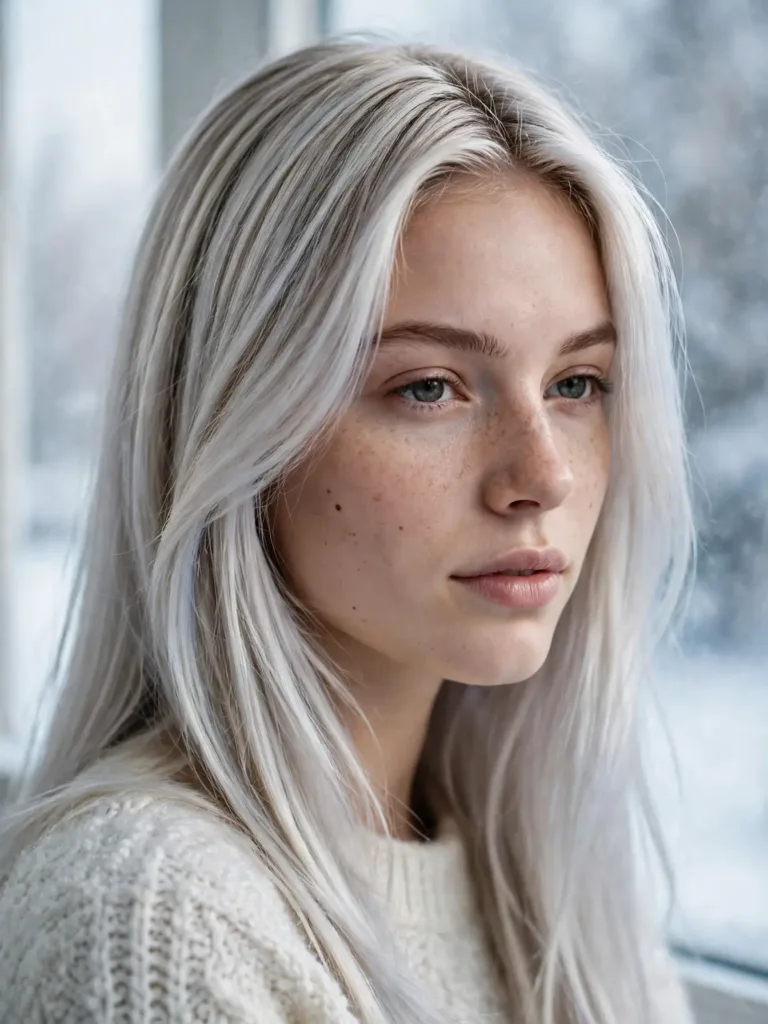 Woman with icy winter blonde hair color glowing in soft winter light