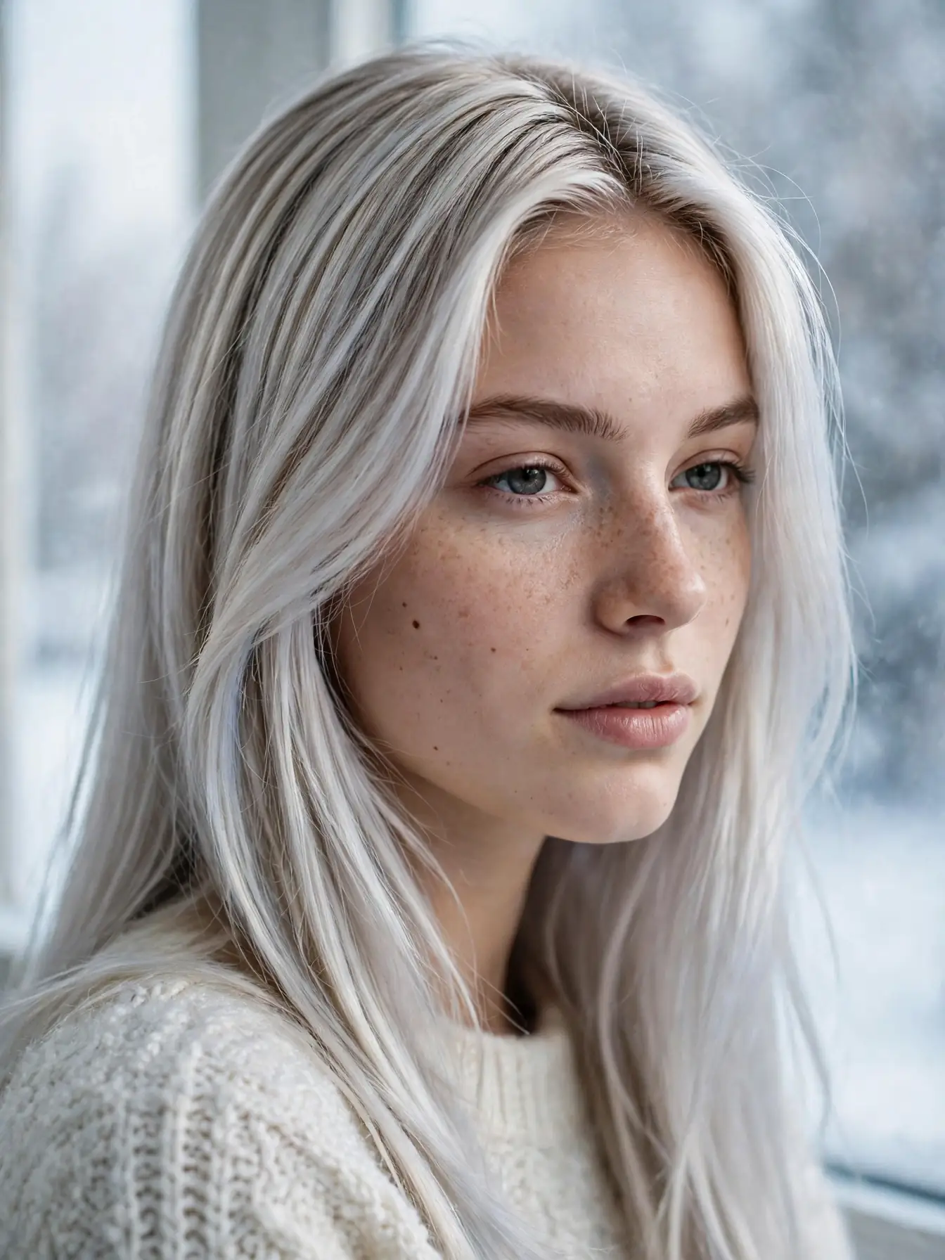 Woman with icy winter blonde hair color glowing in soft winter light